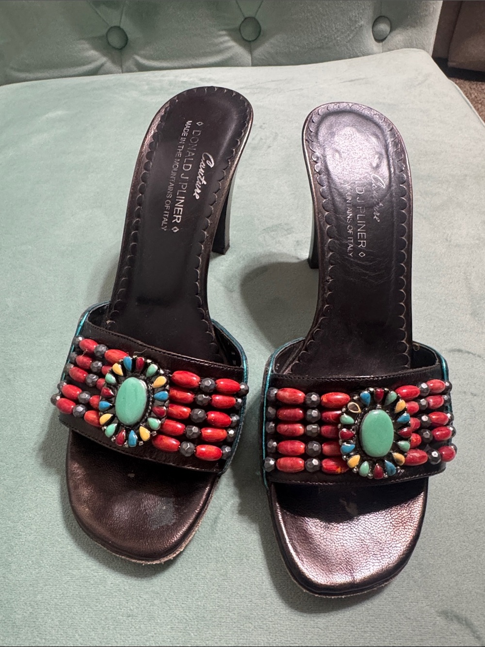 Donald J. Pliner Black Slide Heels with Red and Turquoise Beadwork